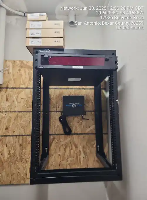 Commercial rack and fiber panel wall-mounted in a San Antonio riser room