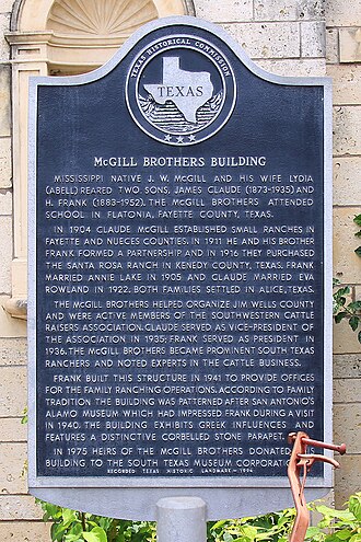 McGill Brothers Building historical marker in Alice, Texas