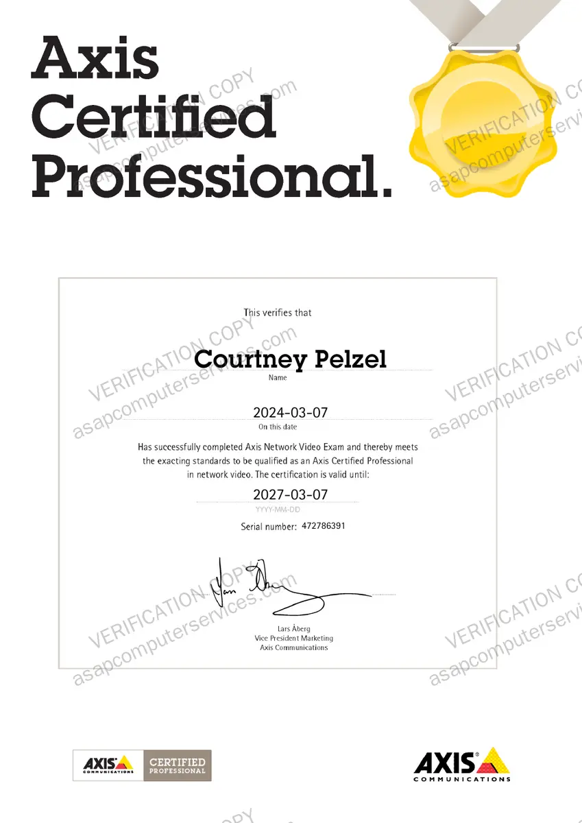 Axis Certified Professional certificate, Courtney Pelzel, network video and electronic security systems, valid 2024 to 2027, verification copy