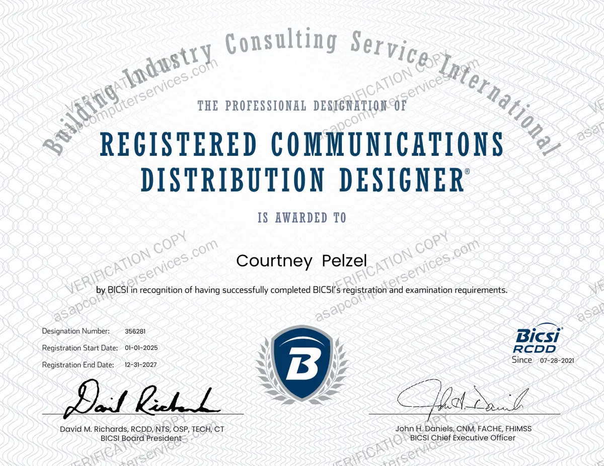 BICSI RCDD certificate, designation number 356281, Courtney Pelzel, Registered Communications Distribution Designer, registration through December 2027, verification copy