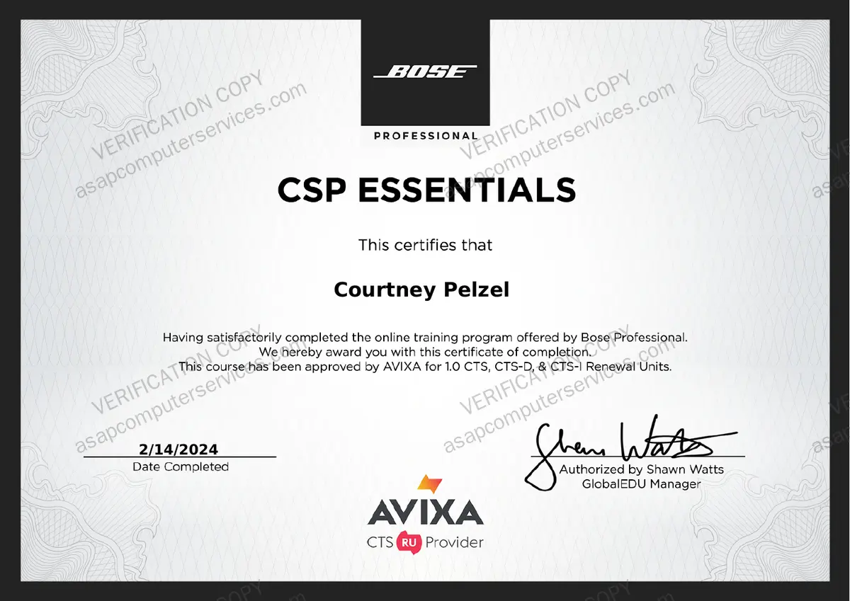 Bose CSP Controller Essentials training certificate, Courtney Pelzel, commercial sound processor programming, 2024, verification copy