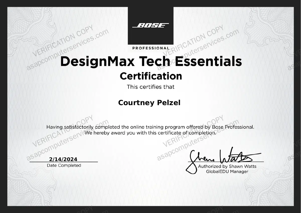 Bose DesignMax Tech Essentials training certificate, Courtney Pelzel, commercial audio systems, 2024, verification copy