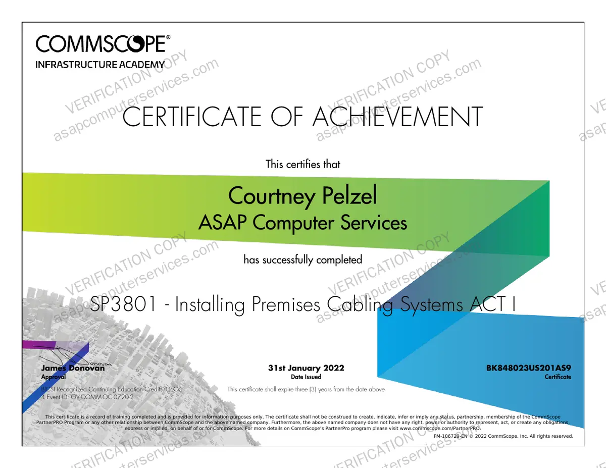 CommScope Installing Premises Cabling Systems training certificate SP3801, Courtney Pelzel, ASAP Computer Services, 2022, verification copy