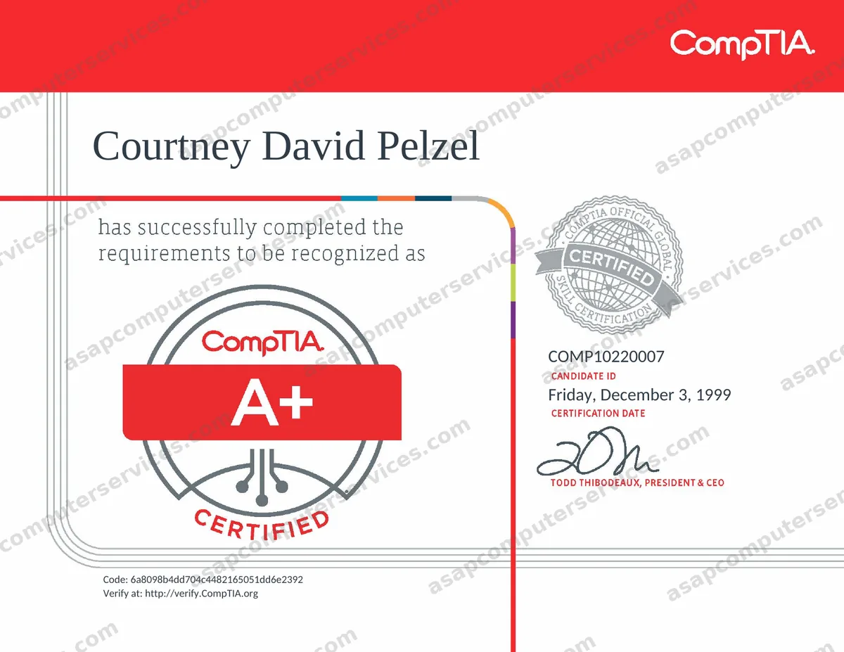 CompTIA A Plus certificate dated December 3 1999, Courtney Pelzel, candidate ID COMP10220007, verification copy