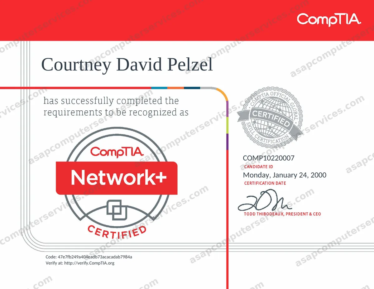 CompTIA Network Plus certificate dated January 24 2000, Courtney Pelzel, candidate ID COMP10220007, verification copy