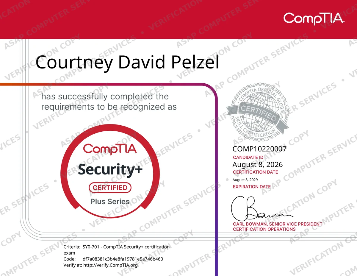 CompTIA Security Plus ce certificate dated August 8 2026, Courtney Pelzel, exam SY0-701, candidate ID COMP10220007, valid through August 2029, verification copy