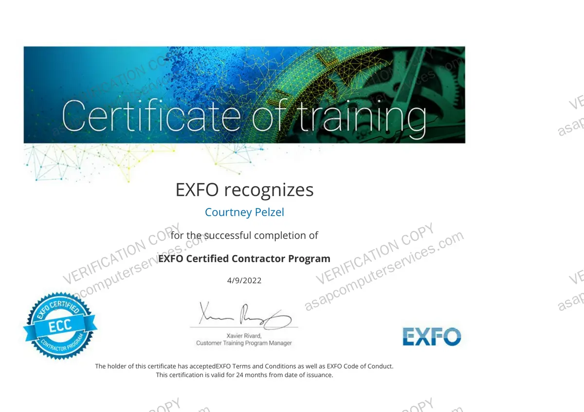 EXFO Certified Contractor Program certificate, Courtney Pelzel, fiber optic testing and OTDR certification training, 2022, verification copy