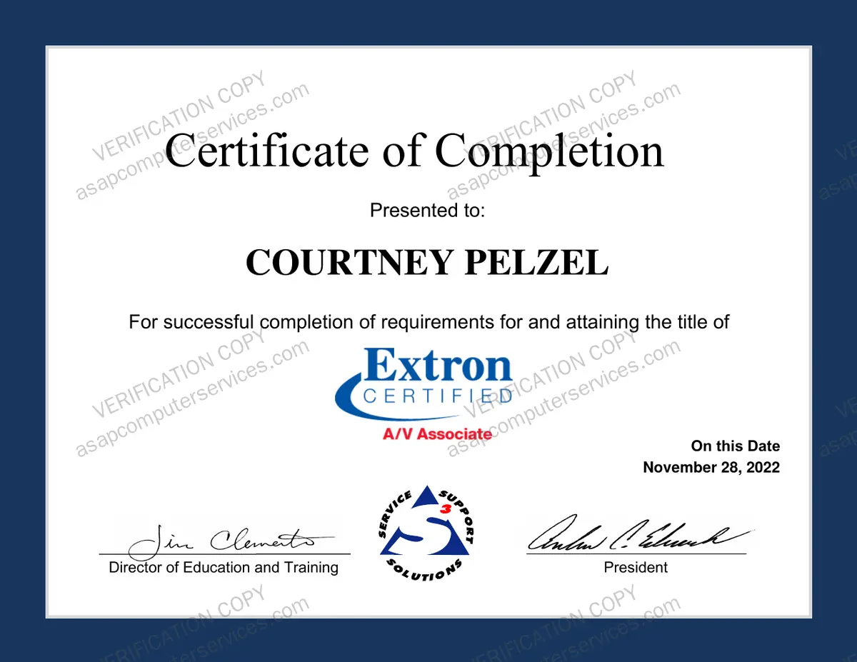 Extron Certified AV Associate certificate, Courtney Pelzel, audiovisual systems training, 2022, verification copy
