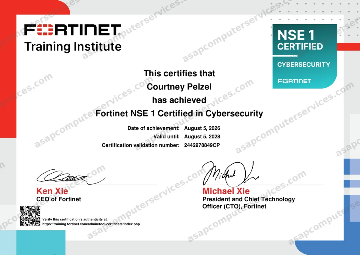 Fortinet NSE 1 Certified in Cybersecurity certificate, Courtney Pelzel, validation number 2442978849CP, valid 2026 to 2028, verification copy