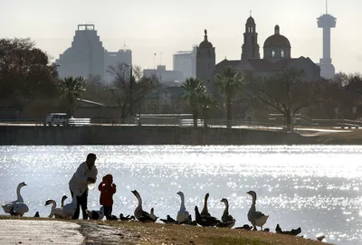 Woodlawn Lake with the San Antonio skyline in the background