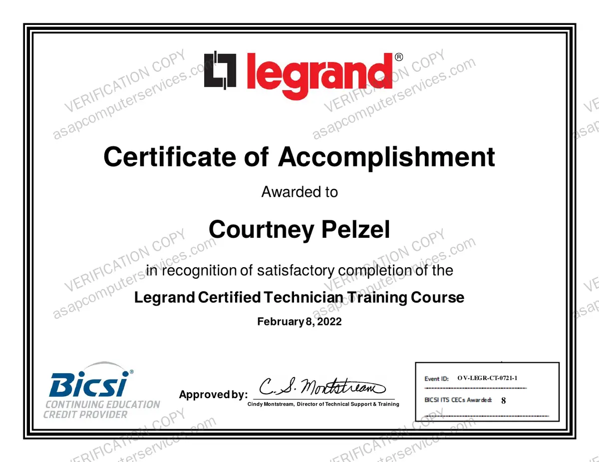 Legrand Certified Technician training certificate, Courtney Pelzel, 2022, verification copy