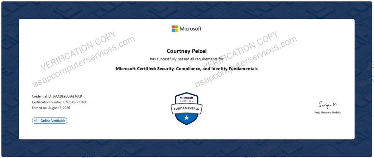 Microsoft Certified Security, Compliance, and Identity Fundamentals SC-900 certificate, Courtney Pelzel, ASAP Computer Services, earned August 2026, verification copy