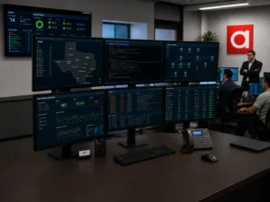 Multiscreen event monitoring station for managed IT services at ASAP Computer Services in San Antonio. 