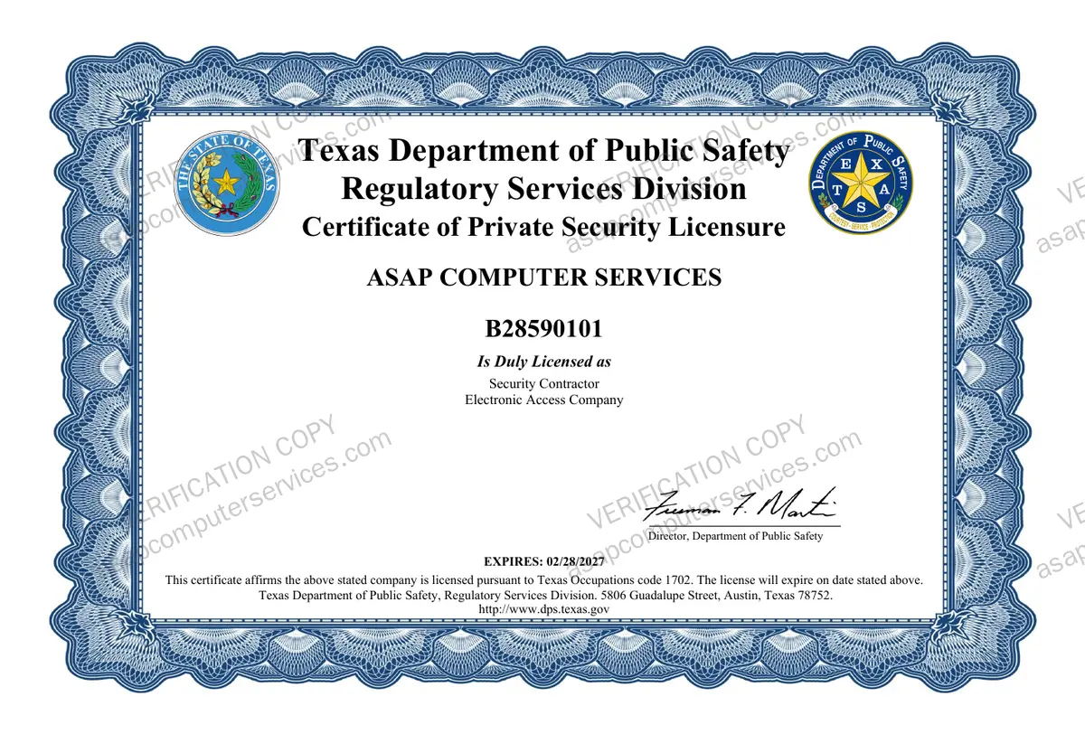 Texas DPS Private Security License B28590101, ASAP Computer Services, Security Contractor Electronic Access Company, verification copy