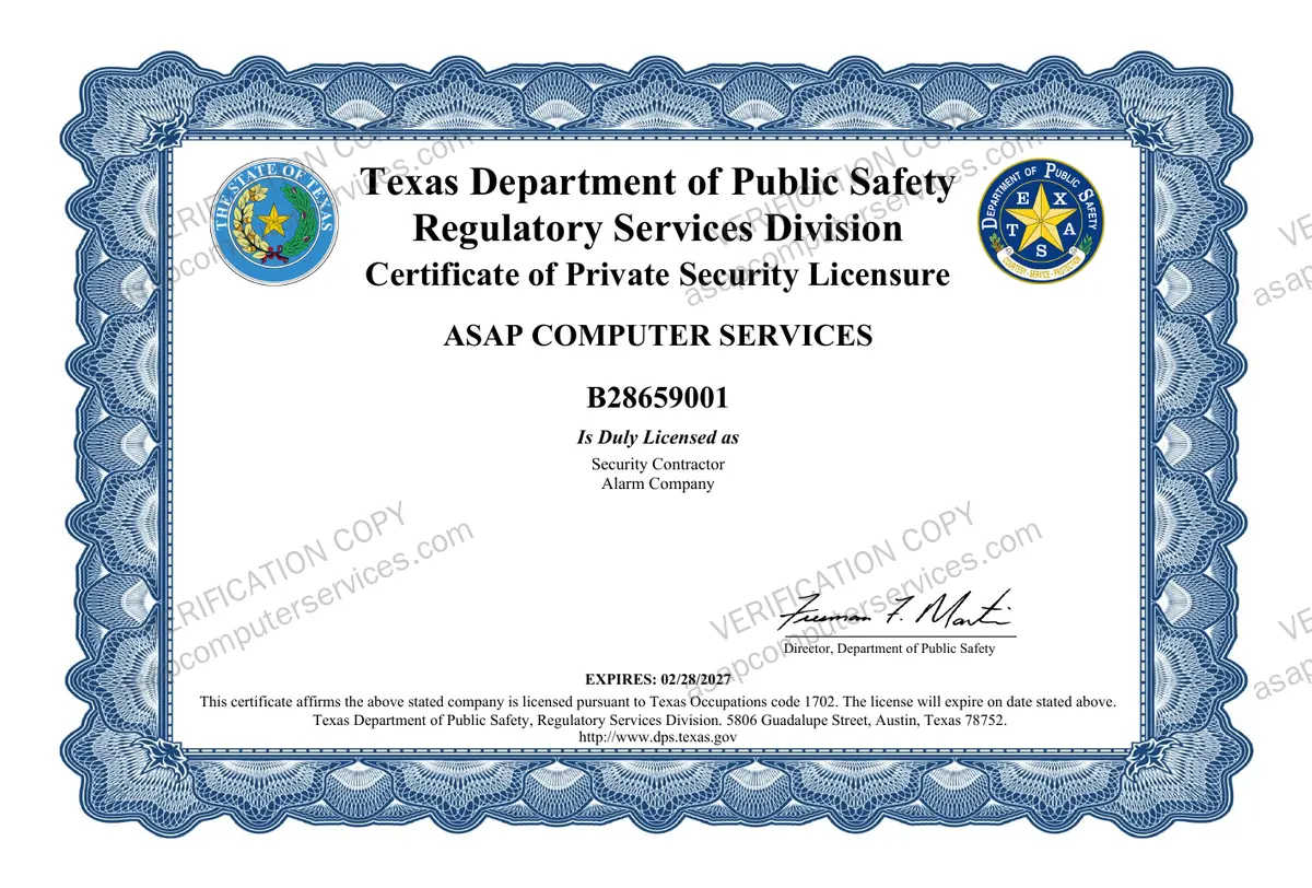 Texas DPS Private Security License B28659001, ASAP Computer Services, Security Contractor Alarm Company, verification copy